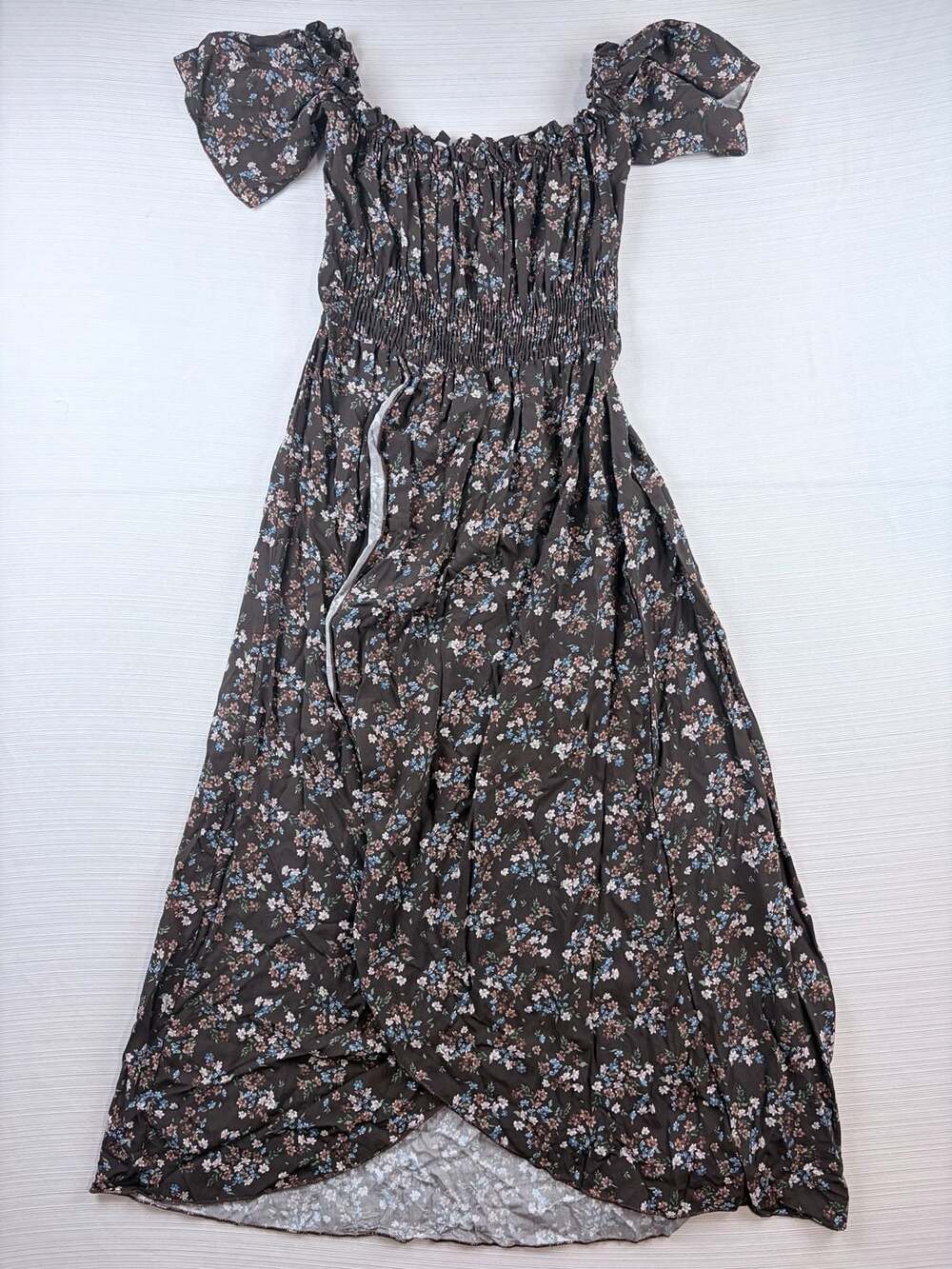 Made In Italy Floral Maxi Dress Brown Off Shoulder Size M